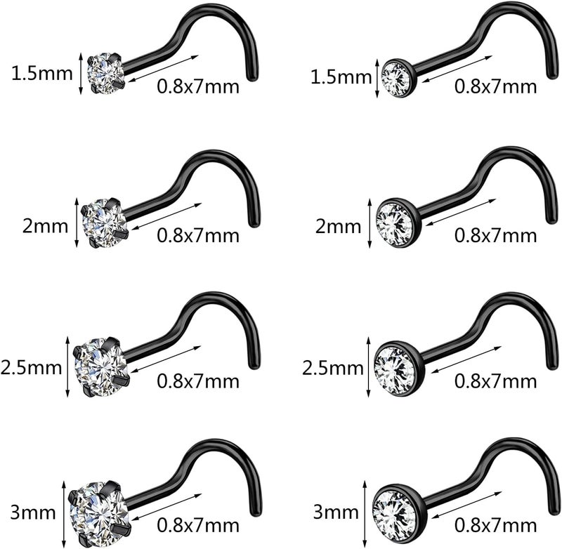 AccGin Store 6-10Pcs 18G 20G Nose Ring Surgical Steel Nose Rings Studs Piercing For Women Men 1.5mm 2mm 2.5mm 3mm Round Diamond CZ L Shaped Corkscrew Gold Black Silver Nose Piercing Hypoallergenic - Image 2